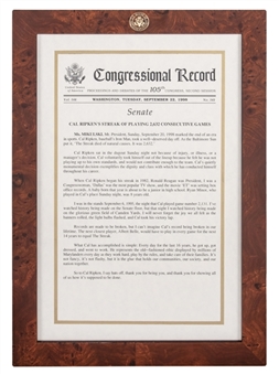 1998 Congressional Record on "Cal Ripkens Streak of Playing 2,632 Consecutive Games" Framed to 12x17" (Ripken LOA)